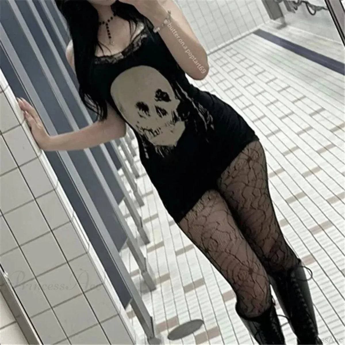 Lace Trim Skull Graphic Spaghetti Strap Mini Dress 4
