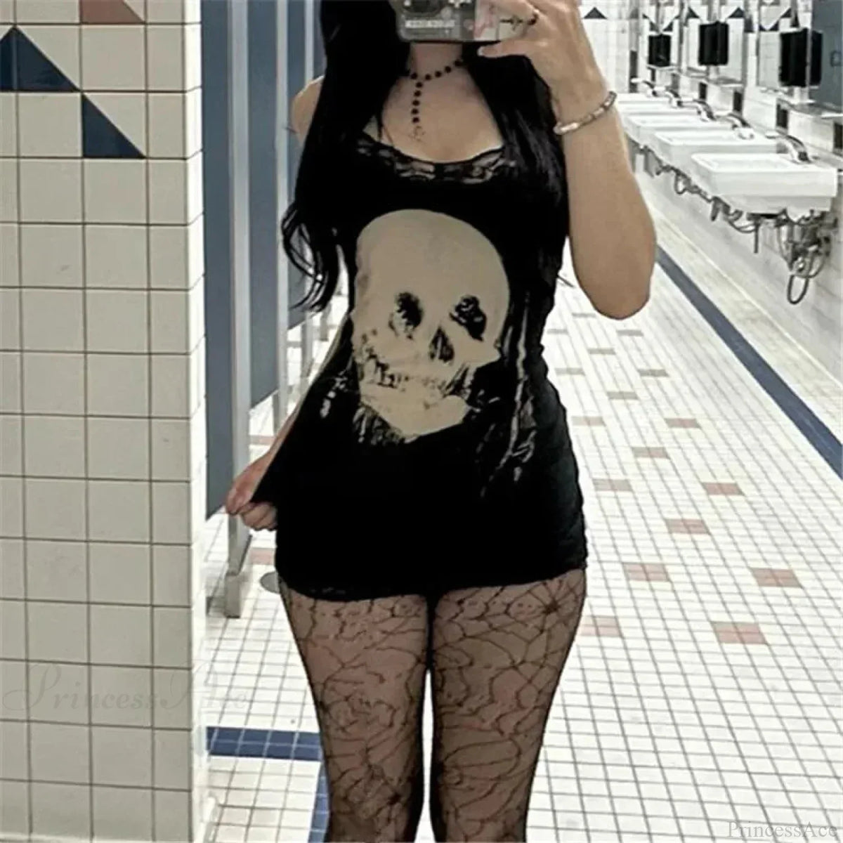 Lace Trim Skull Graphic Spaghetti Strap Mini Dress 6