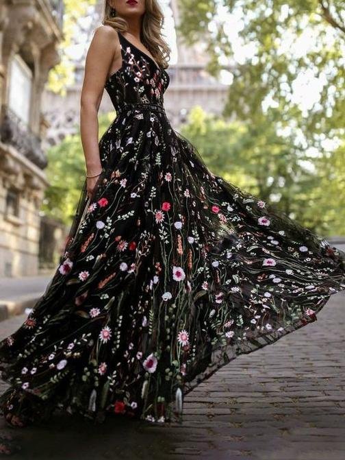 Floral Embroidery Mesh Plunge V-Neck Sleeveless Ball Gown Maxi Dress 3