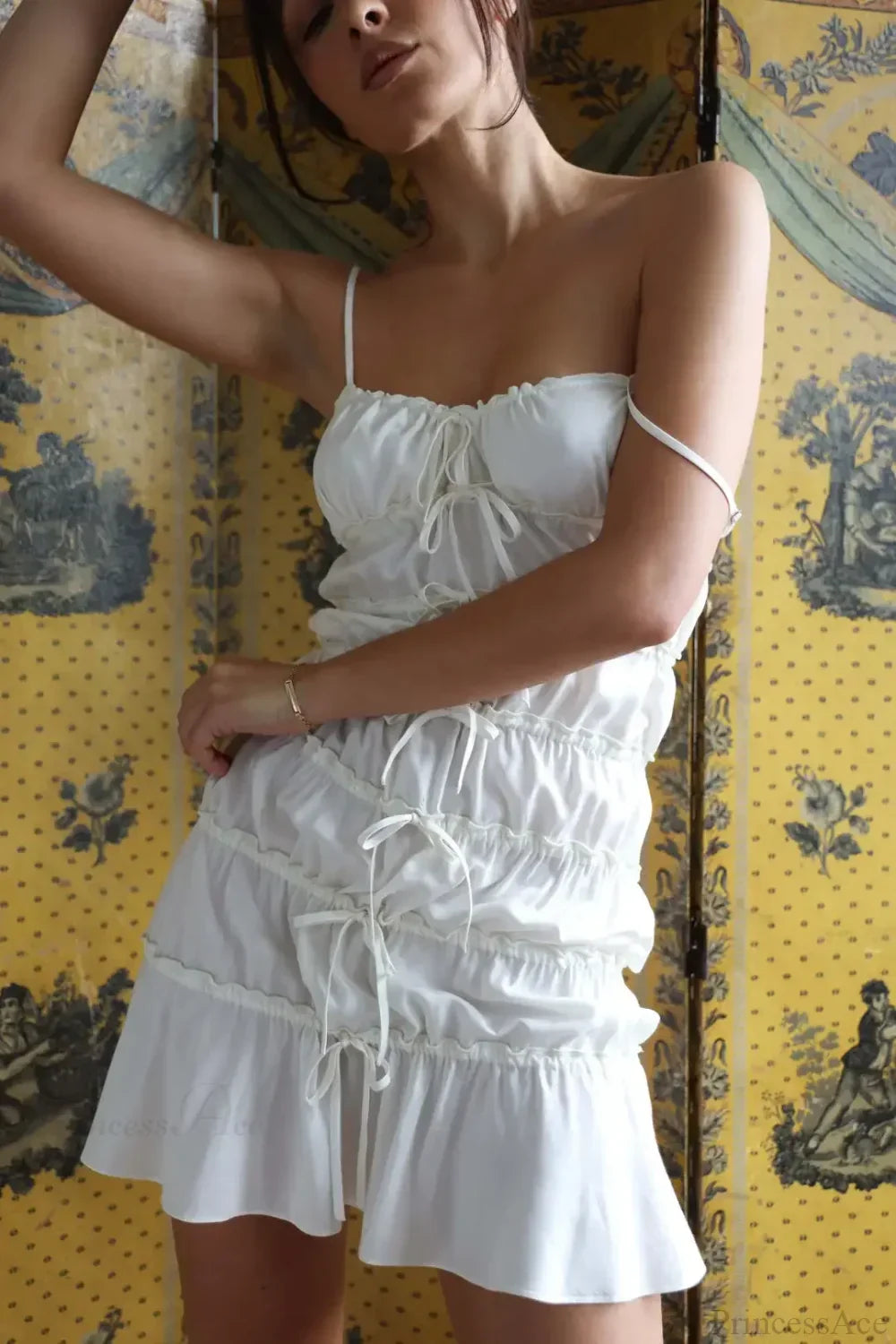 Sheer Tiered Lettuce Hem Bow Front Spaghetti Strap Babydoll Mini Dress 4