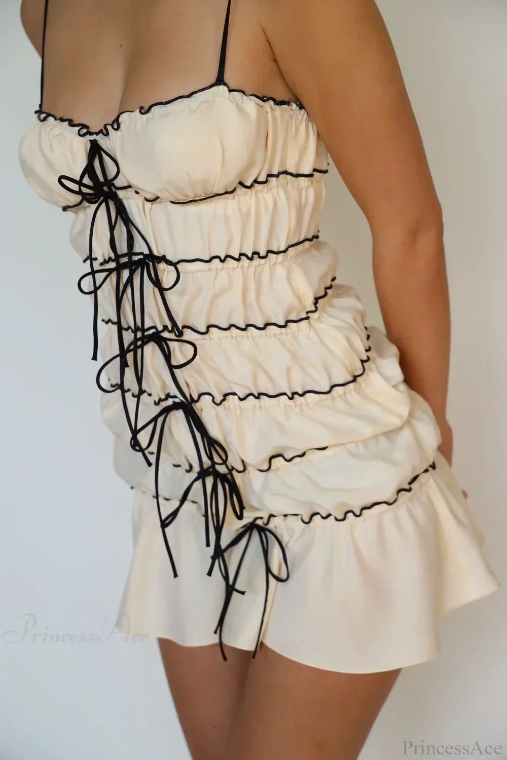 Sheer Tiered Lettuce Hem Bow Front Spaghetti Strap Babydoll Mini Dress 6