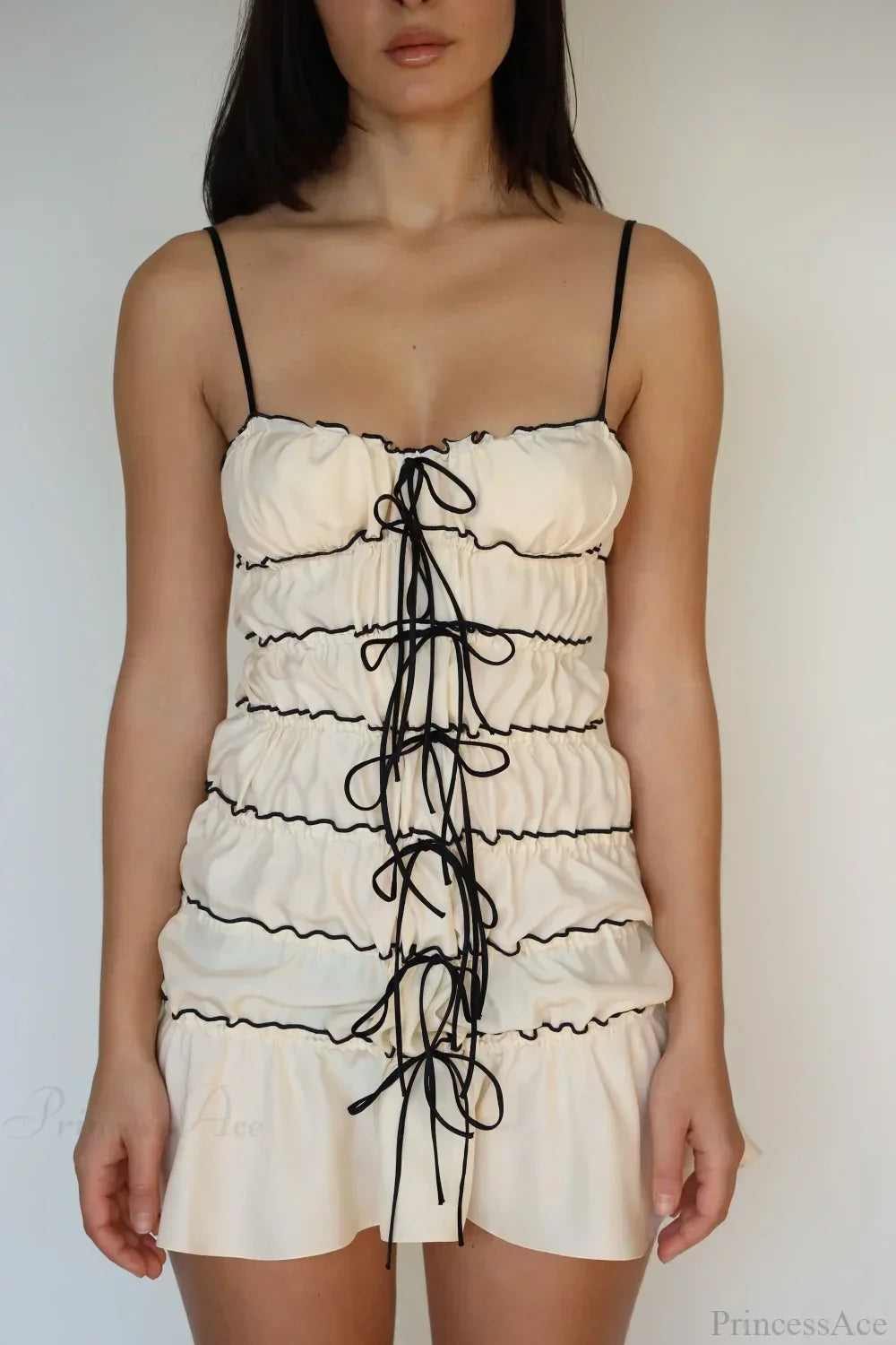 Sheer Tiered Lettuce Hem Bow Front Spaghetti Strap Babydoll Mini Dress 9