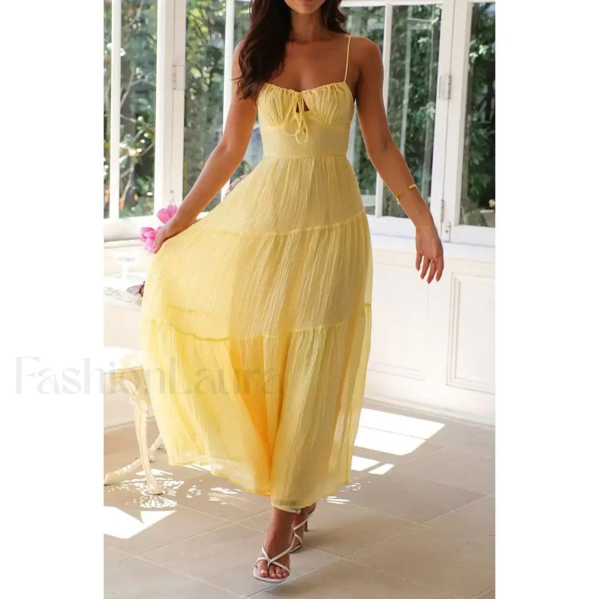 Yellow Smocked Bow-front Midi Dress 4