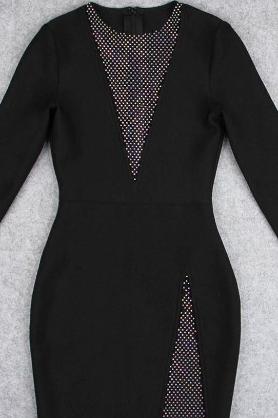 Classic Black Mesh Panel Deep V-Neck Long Sleeve Cut Out Bodycon Mini Dress 7