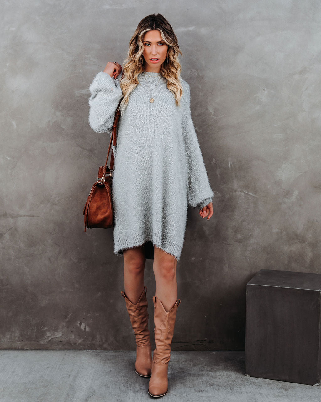Fuzzy Eyelash Knit Crew Neck Mini Sweater Dress