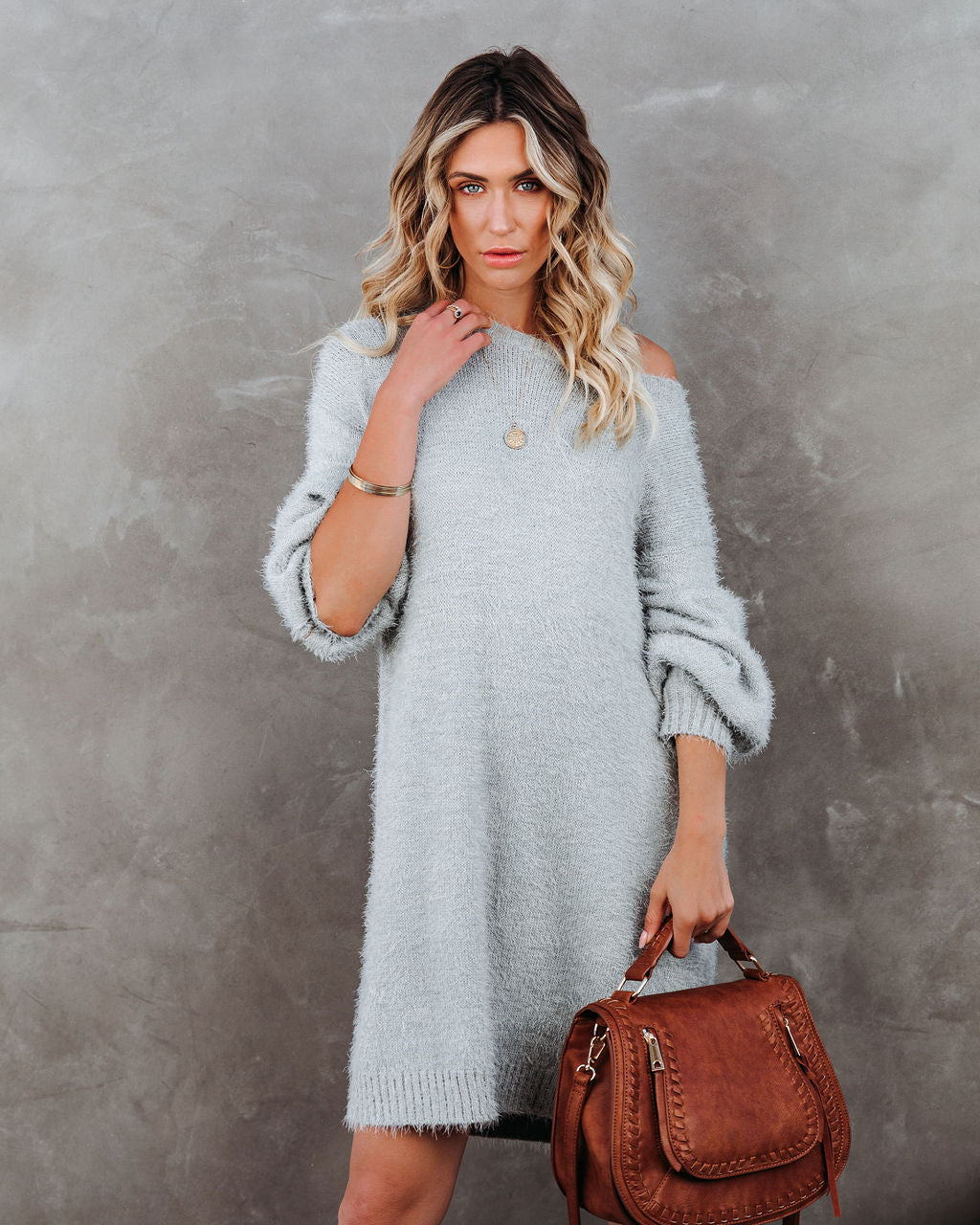 Fuzzy Eyelash Knit Crew Neck Mini Sweater Dress 7