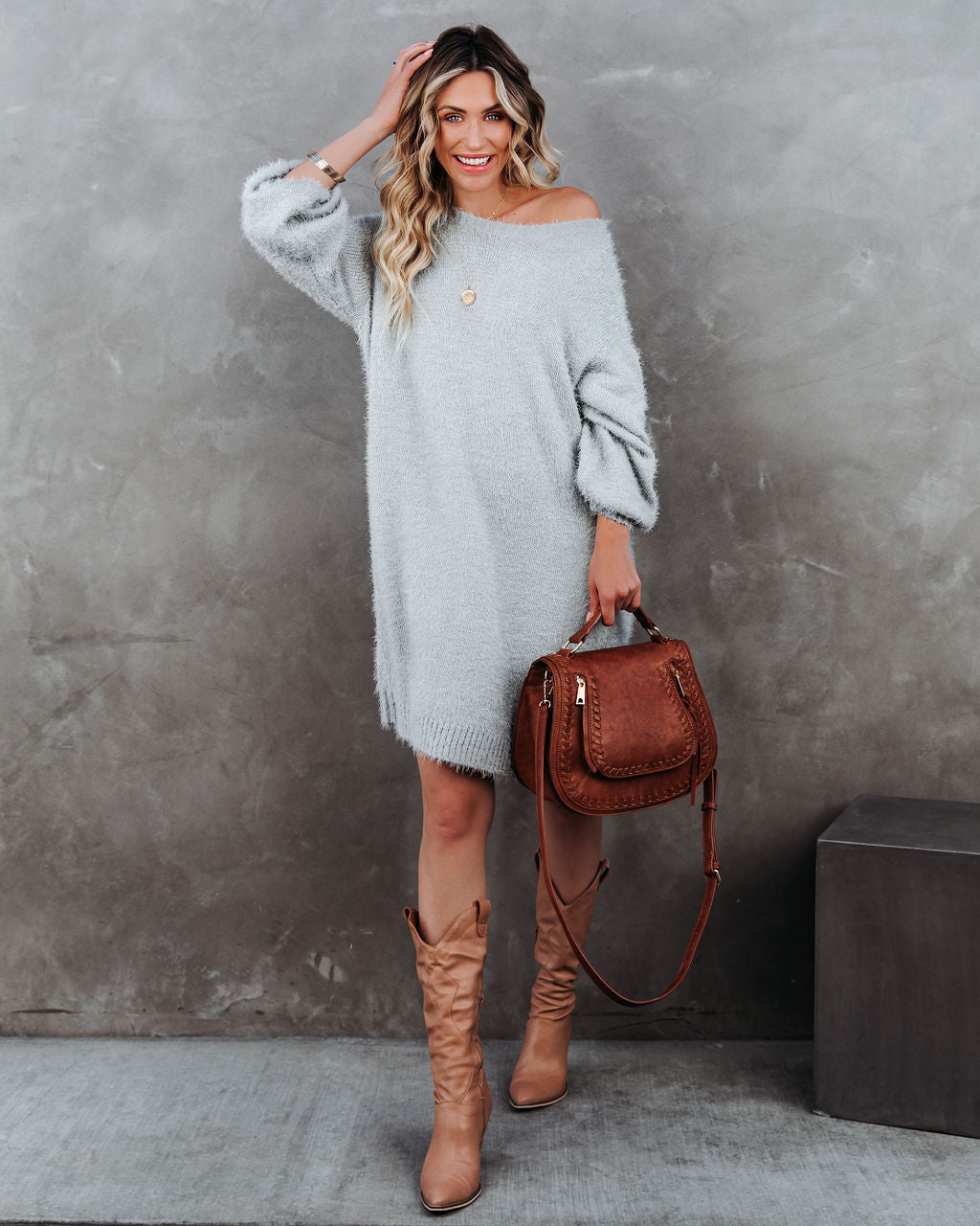 Fuzzy Eyelash Knit Crew Neck Mini Sweater Dress 9