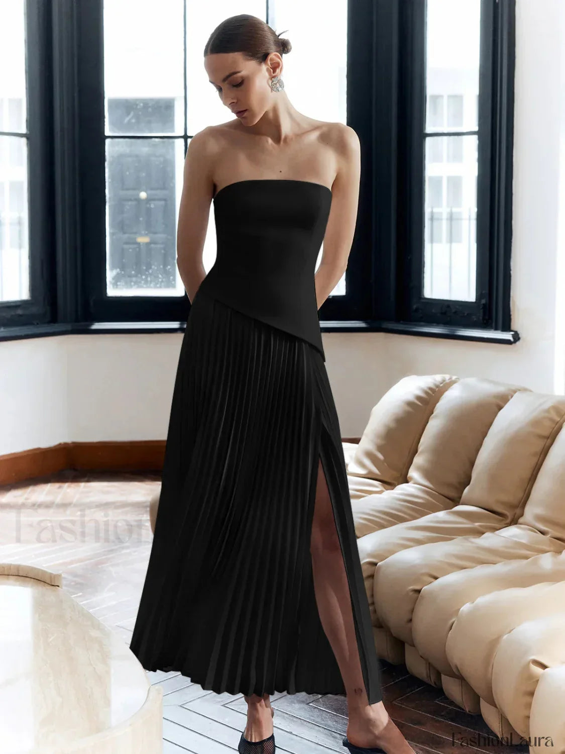 Pleated Strapless Split Dress 23