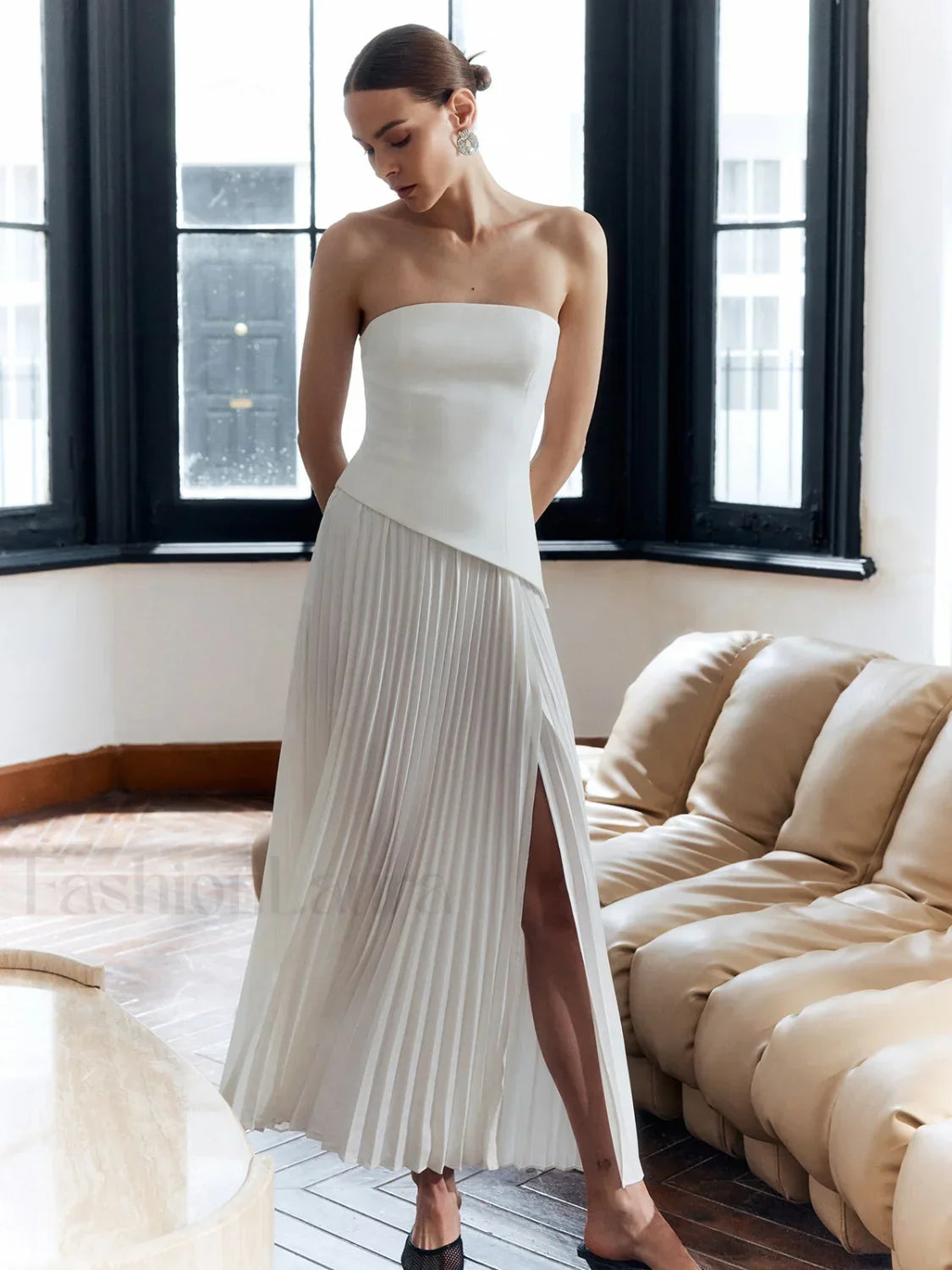 Pleated Strapless Split Dress 20