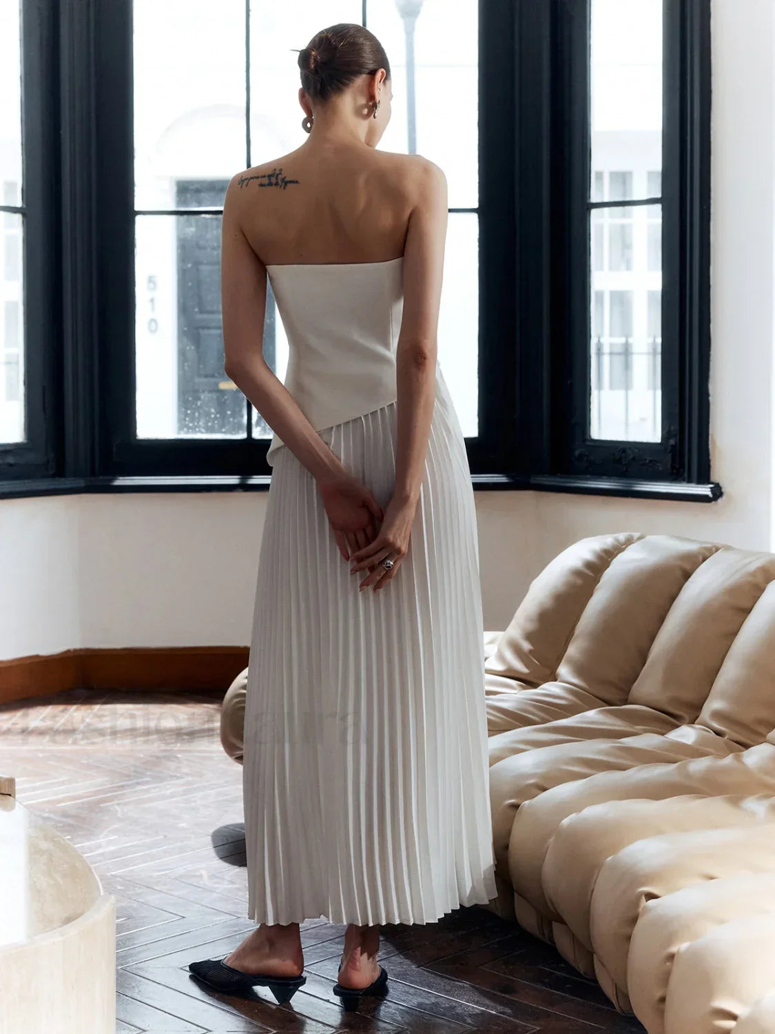 Pleated Strapless Split Dress 17