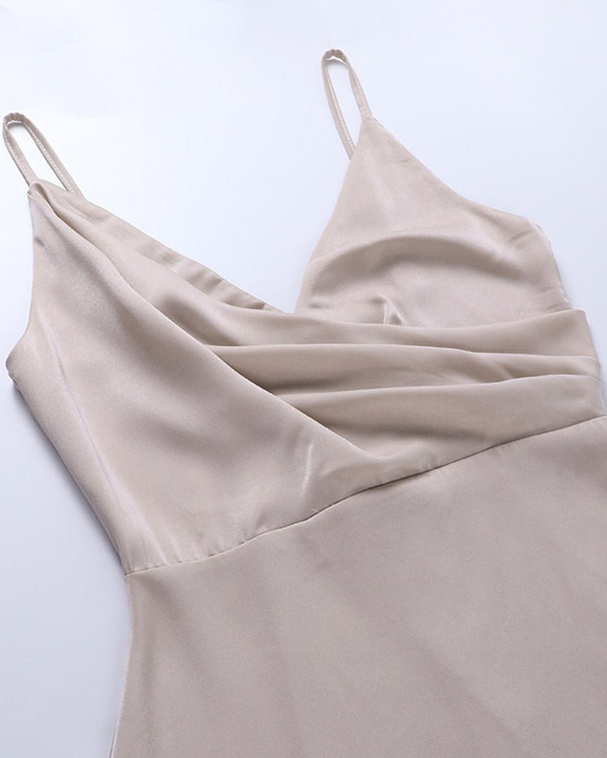 Deep V Neck Spaghetti Strap Ruched Wrap High Slit Satin Maxi Dress 9