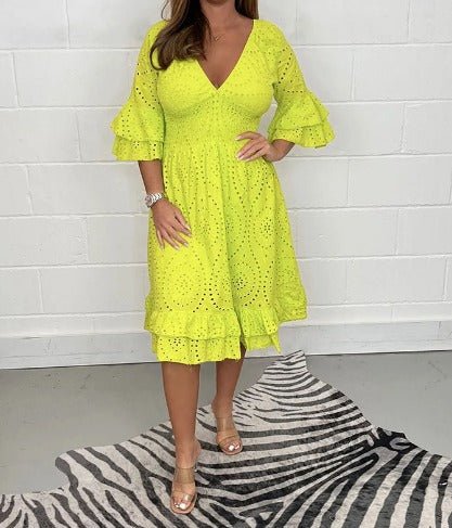 Eyelet Lace V-Neck Smocked Waist Tiered Ruffle Sleeve Midi Dress 2
