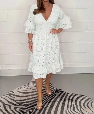 Eyelet Lace V-Neck Smocked Waist Tiered Ruffle Sleeve Midi Dress 5