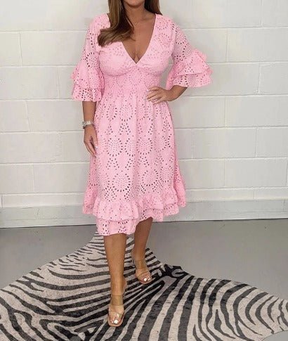 Eyelet Lace V-Neck Smocked Waist Tiered Ruffle Sleeve Midi Dress 3