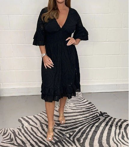 Eyelet Lace V-Neck Smocked Waist Tiered Ruffle Sleeve Midi Dress 4