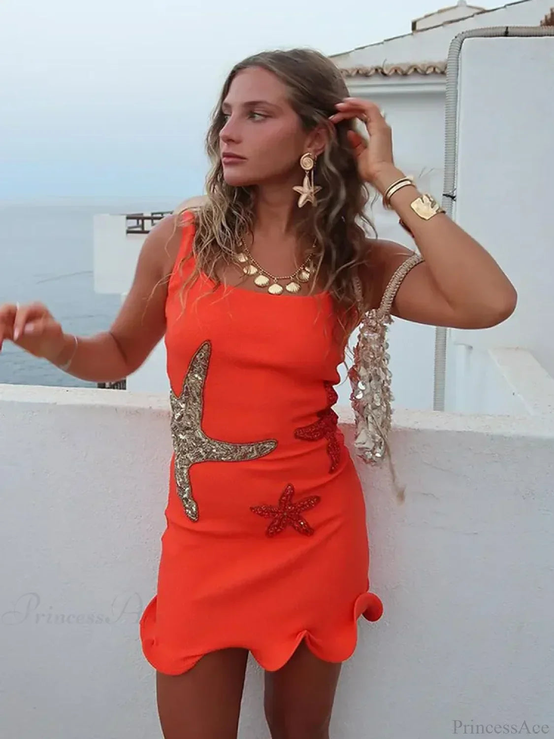 Starfish Appliqué Scoop Neck Ruched Scalloped Hem Bodycon Mini Dress 4