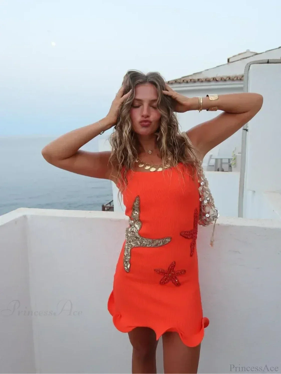 Starfish Appliqué Scoop Neck Ruched Scalloped Hem Bodycon Mini Dress 7