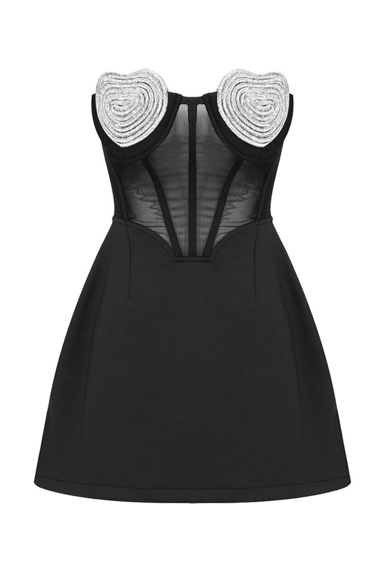 Rhinestone Spiral Applique Sheer Mesh Strapless Sweetheart Tulip Hem Mini Dress 4