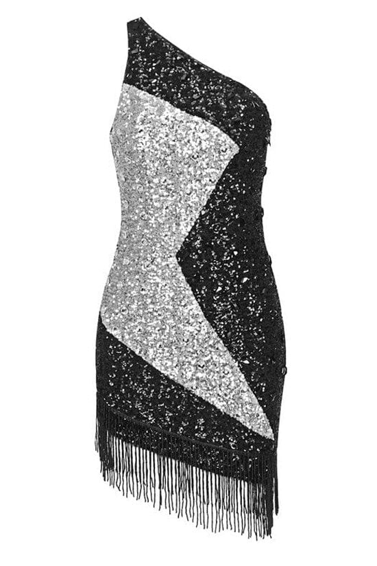 One Shoulder Diagonal Sequin Panel Fringe Hem Bodycon Mini Dress 2