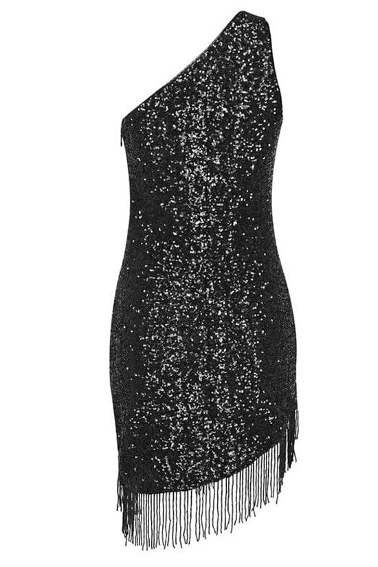 One Shoulder Diagonal Sequin Panel Fringe Hem Bodycon Mini Dress 3