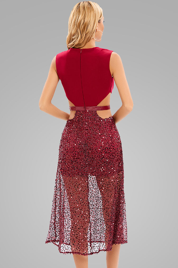 Deep V Neck Cutout Side Sequin Overlay Cocktail Midi Dress 2