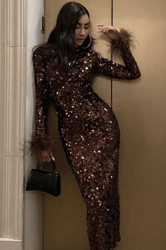 Sequin Mock Neck Feather Cuff Long Sleeve Bodycon Maxi Dress