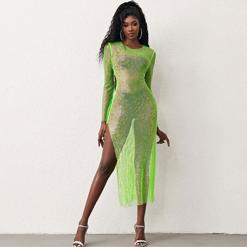 Neon Green Fishnet Crystal Embellished Long Sleeve Maxi Dress
