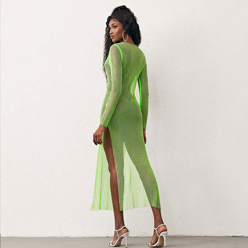 Neon Green Fishnet Crystal Embellished Long Sleeve Maxi Dress 2