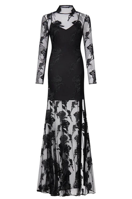 Floral Jacquard Mesh Overlay Mock Neck Long Sleeve High Slit Maxi Dress 5