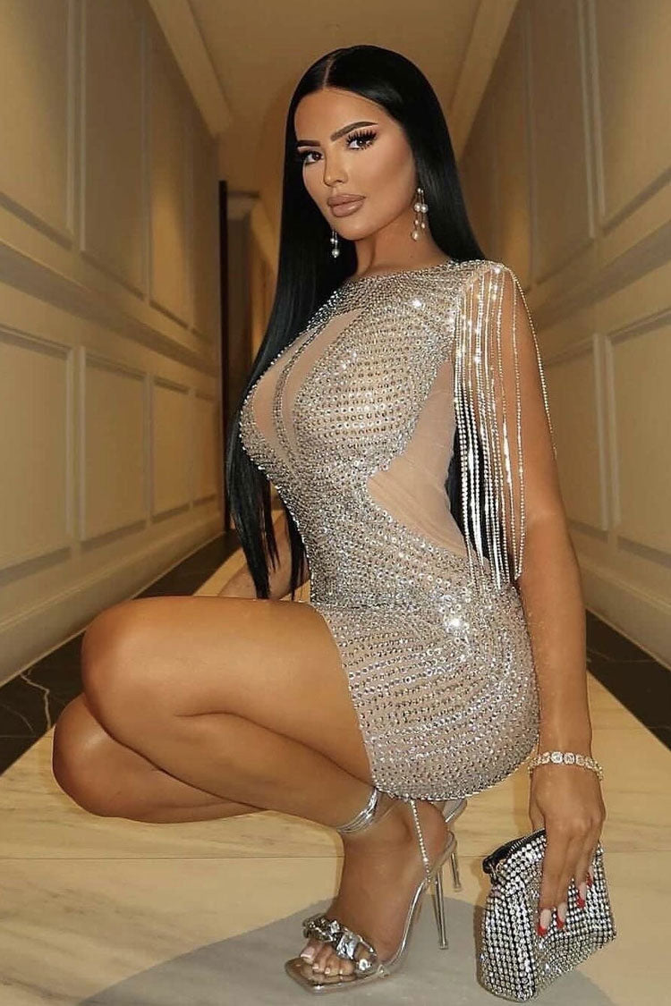 Rhinestone Embellished Mesh Fringe Shoulder Bodycon Mini Dress 3