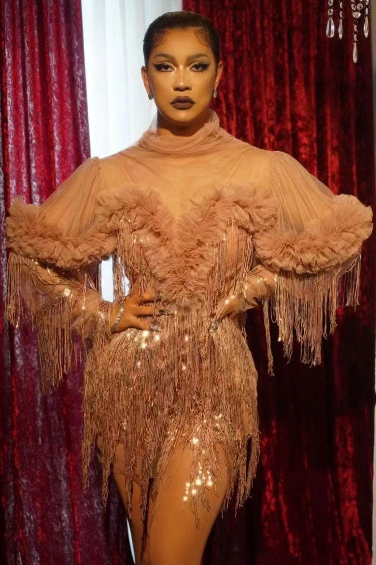 High Neck Ruffle Tulle Layered Sequin Fringe Long Sleeve Mini Dress
