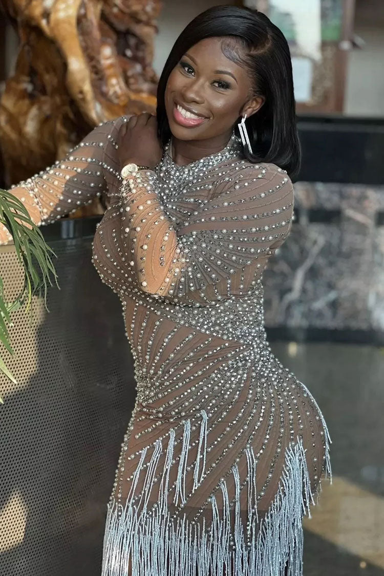 Mock Neck Long Sleeve Pearl Rhinestone Radiating Fringe Sheer Mesh Mini Dress 2