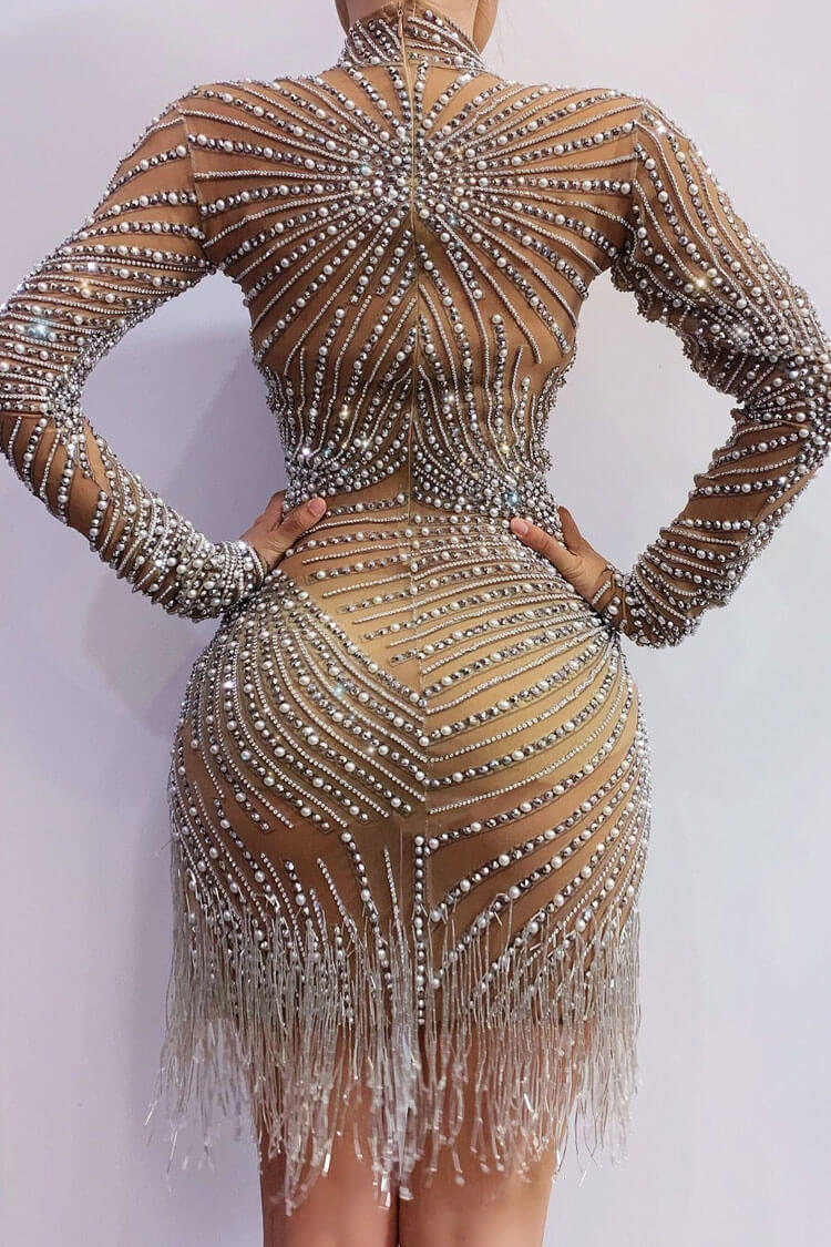 Mock Neck Long Sleeve Pearl Rhinestone Radiating Fringe Sheer Mesh Mini Dress 6