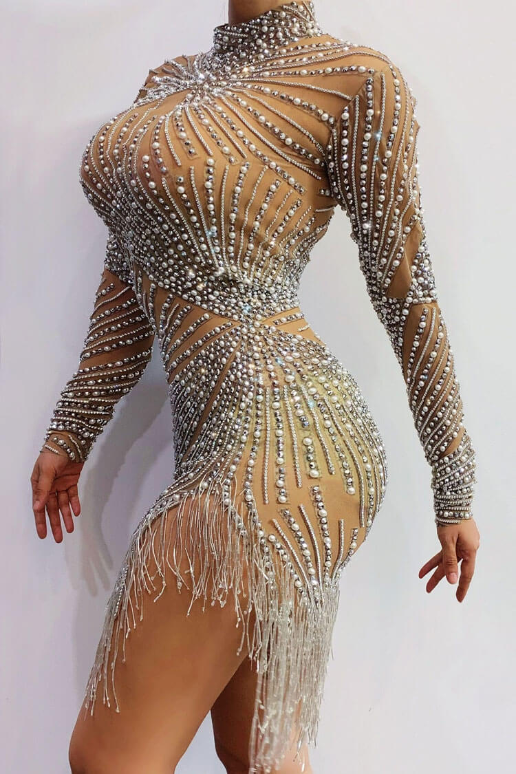 Mock Neck Long Sleeve Pearl Rhinestone Radiating Fringe Sheer Mesh Mini Dress 5