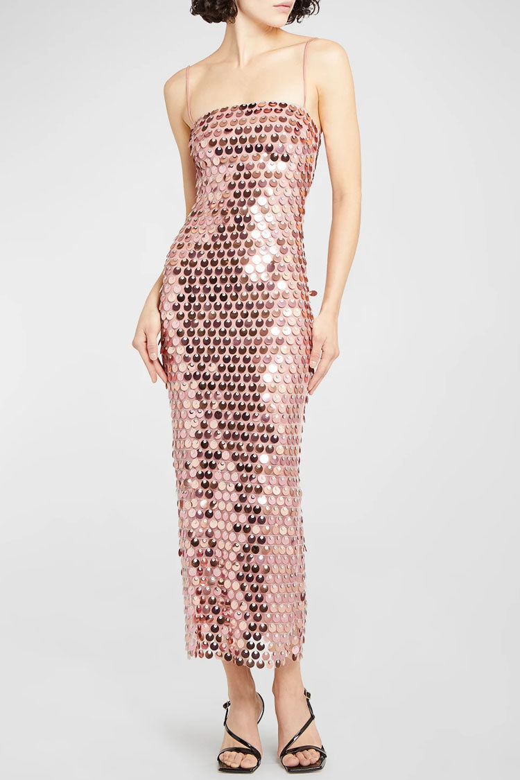 Large Disc Sequin Spaghetti Strap Bodycon Column Midi Dress