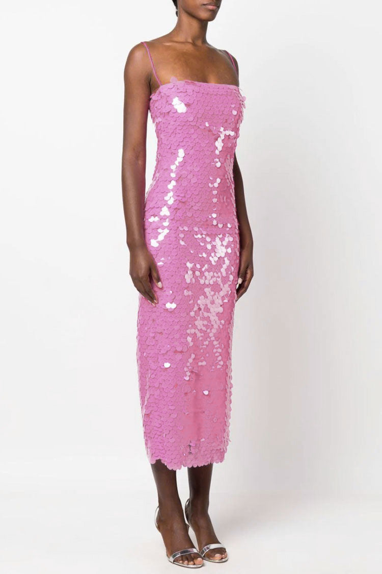 Large Disc Sequin Spaghetti Strap Bodycon Column Midi Dress 2