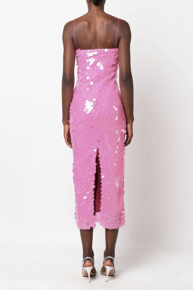 Large Disc Sequin Spaghetti Strap Bodycon Column Midi Dress 3