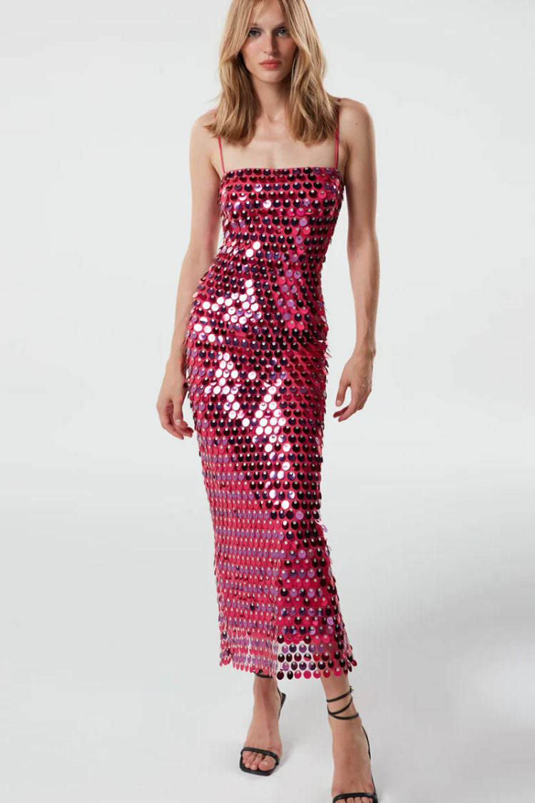 Large Disc Sequin Spaghetti Strap Bodycon Column Midi Dress
