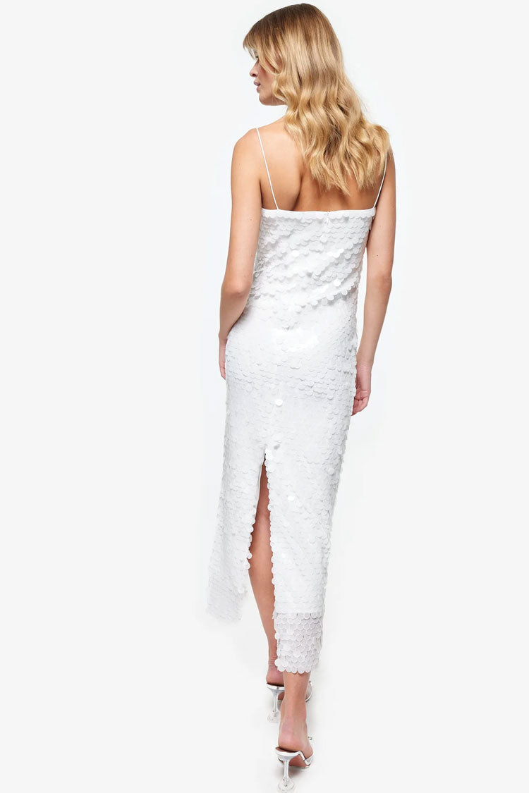Large Disc Sequin Square Neck Spaghetti Strap Column Midi Dress 3