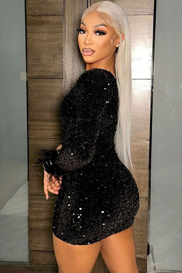 One-Shoulder Sequin Feather Trim Cuff Side Ruched Bodycon Mini Dress 4