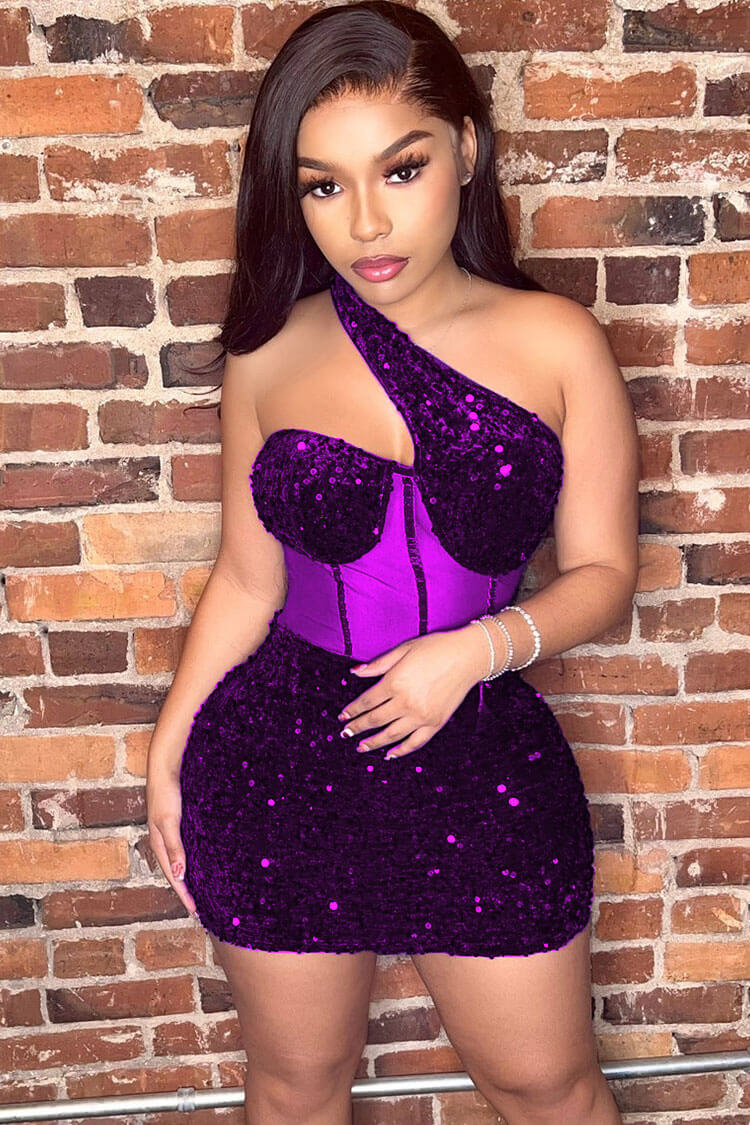 One Shoulder Sequin Corset Mesh Panel Boned Bodycon Mini Mini Dress