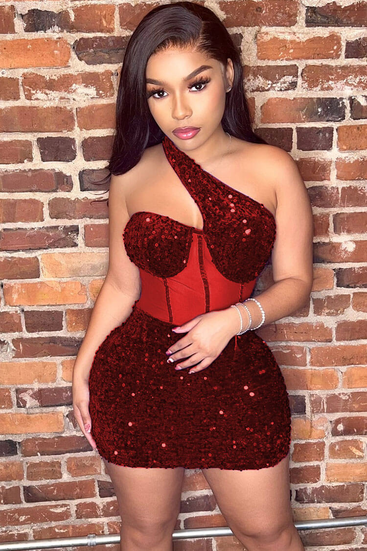 One Shoulder Sequin Corset Mesh Panel Boned Bodycon Mini Mini Dress