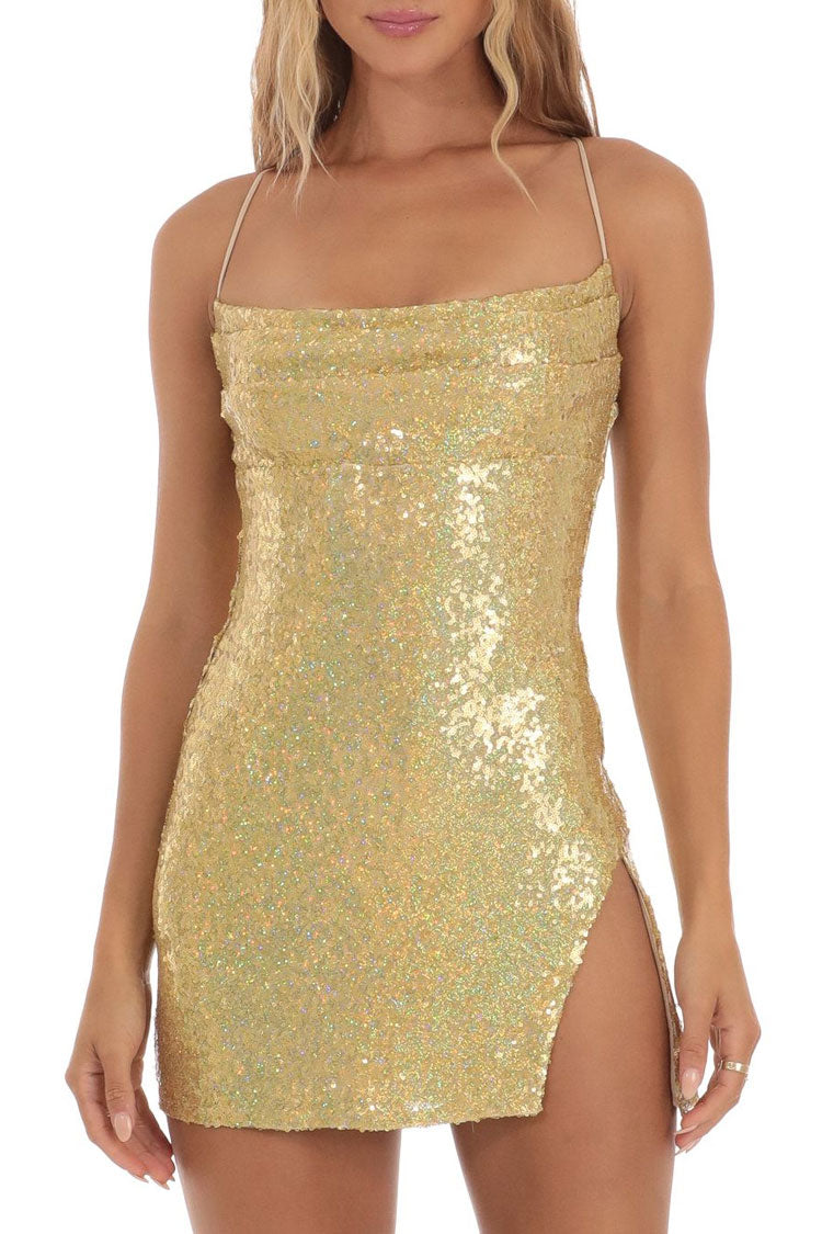 Cowl Neck Spaghetti Strap Side Slit Sequin Bodycon Mini Dress 2