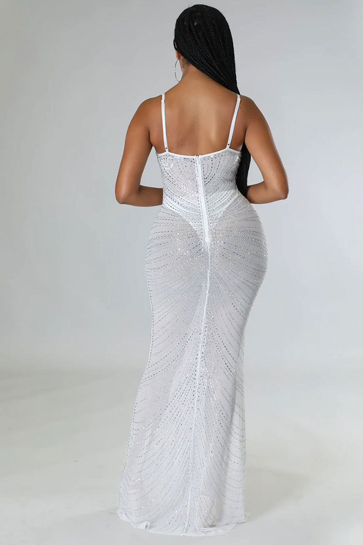 Rhinestone Embellished Bustier Sheer Mesh Spaghetti Strap Mermaid Maxi Gown 4