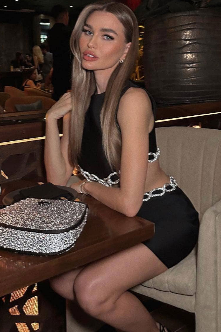Rhinestone Chain-Link Waist Cutout Crew Neck Sleeveless Bandage Mini Dress 2