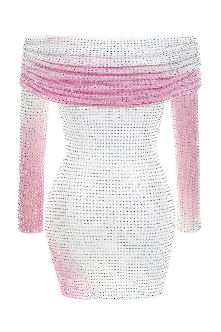 Rhinestone Mesh Ombré Foldover Off-Shoulder Long Sleeve Bodycon Mini Dress 3