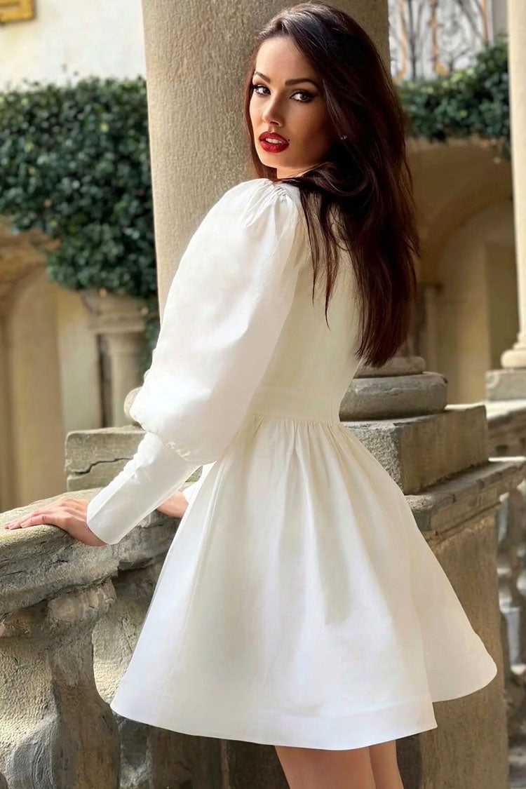 V-Neck Rhinestone Fringe Collar Puff Sleeve Fit and Flare Mini Dress 2