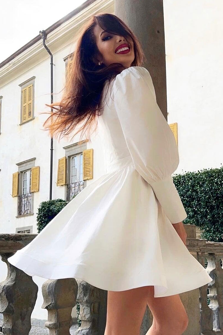 V-Neck Rhinestone Fringe Collar Puff Sleeve Fit and Flare Mini Dress 3