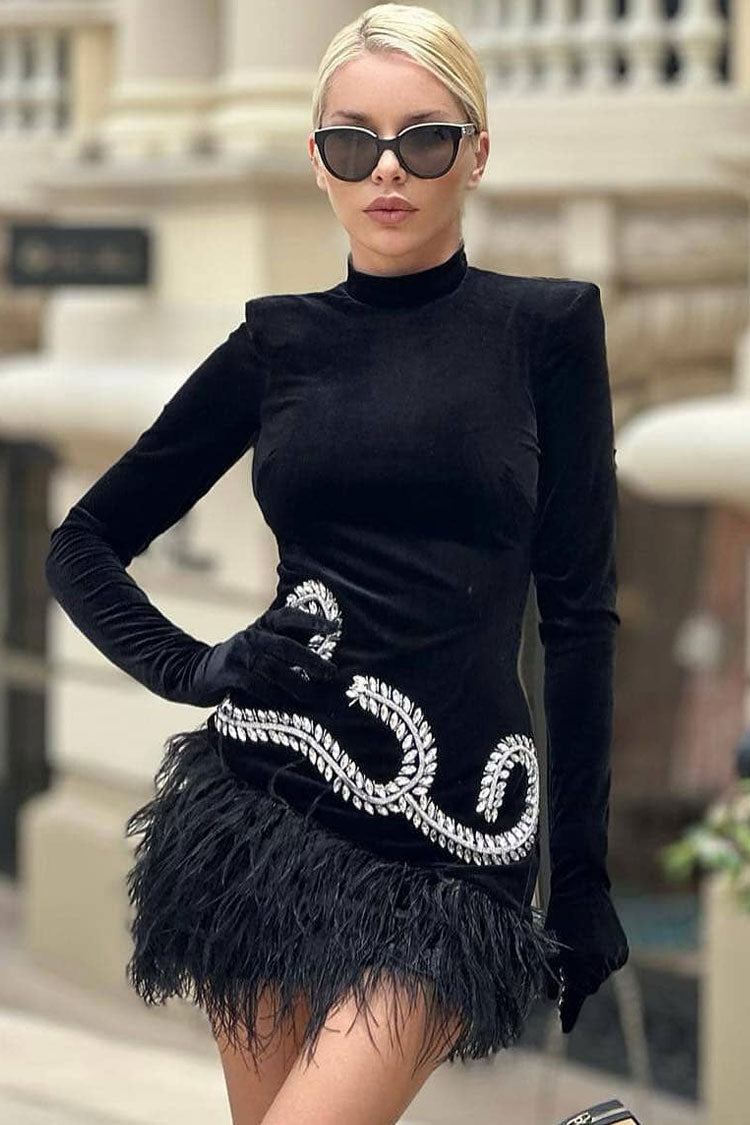 Mock Neck Sequin Scroll Embroidery Integrated Glove Sleeve Feather Trim Velvet Mini Dress 2