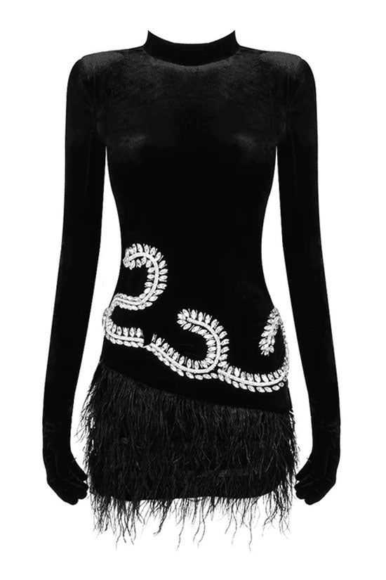 Mock Neck Sequin Scroll Embroidery Integrated Glove Sleeve Feather Trim Velvet Mini Dress 5